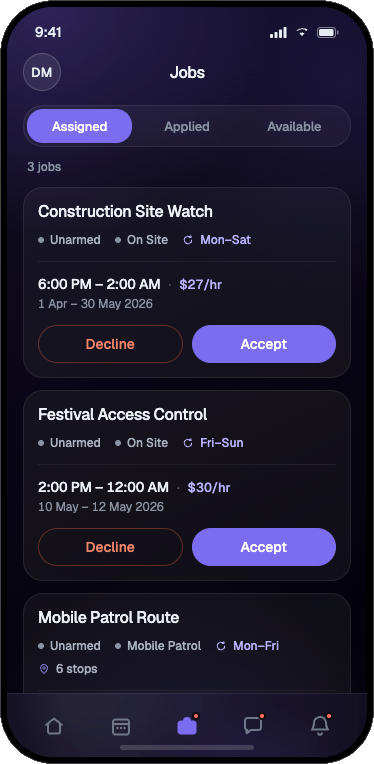 Guard Owl app - assigned jobs with hours, pay rate and accept or decline