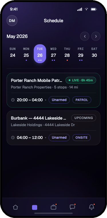 Guard Owl app - guard schedule for May 2026 with a live mobile patrol and an upcoming onsite shift