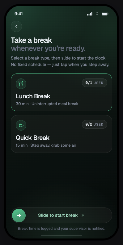 Guard Owl guard app - take a break screen with lunch and quick break options