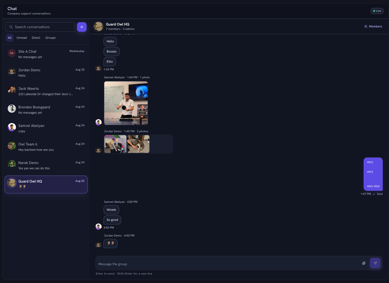Guard Owl chat - conversation list with direct messages and a group thread open