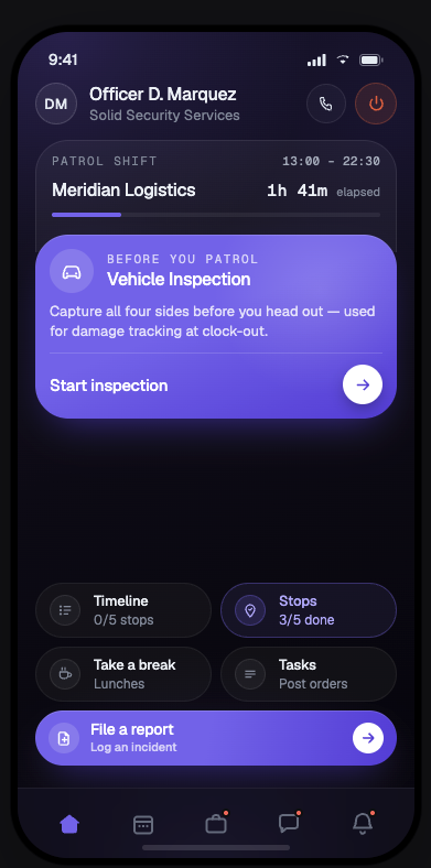 Guard Owl patrol app - Shift home