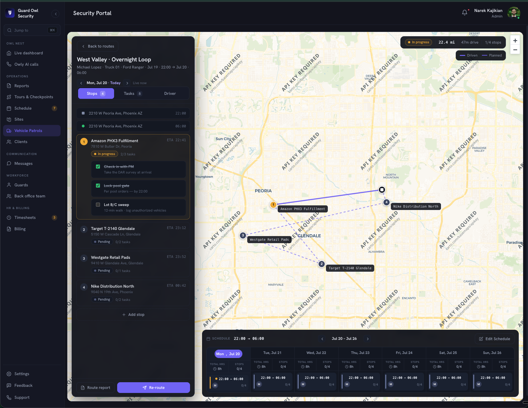 Guard Owl Security Portal - vehicle patrol route with stops, tasks, planned versus driven map and weekly schedule
