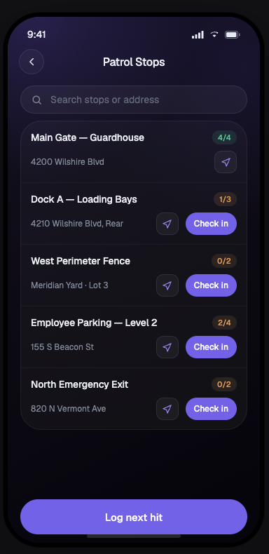 Guard Owl patrol app - Site check-ins