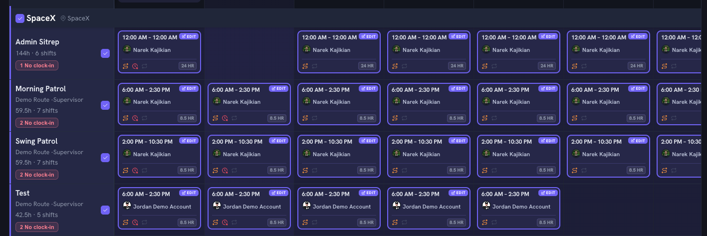 Guard Owl scheduling - shifts selected for editing across a week